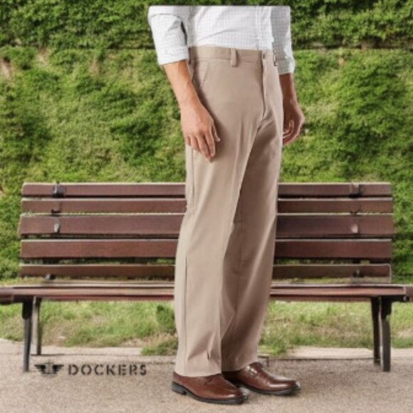 Dockers Classic Fit Khaki Tan Mens Straight Fit Flat Front Casual Straight Pants - Picture 2 of 10